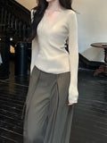 Fongt Tea Color V-Neck Knitted Shirt Slimy Temperament Fashion Thin Inside The Bottom Shirt Tight Cashmere Sweater Woman