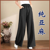Fongt Linen Large-Size Broad Leg Trousers Women's Rope Loose Waist Cotton Spring And Summer Women's Trousers Loose Cotton Thighs Summer