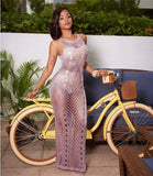 Crochet Gold Hollow Out Bodycon Sweater Dress Women Casual Pullover O-neck Sleeveless Long Maxi Beachwear Gowns Tunic-Outfit