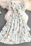 Elegant Floral Dress Women Vintage Square Collar Short Sleeve A Line Beach Dresses Ladies High Waist Print Split