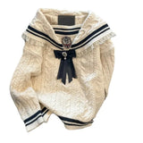 Winter Preppy Style JK Knitted Sweaters Women Sweet Lace Sailor Collar Bow Pullovers Retro Y2k Thickened Warm Jumper Coat-Outfit