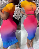 Fongt Women's Round Collar Short-Sleeved T-Shirt Wrapped Hip Skirt Print Leak Umbilical Slim Sexy