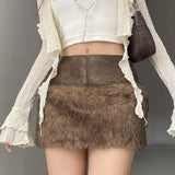Fongt Cloth Forget Retro Brown Low-Waisted Umbilled Zip Hair Short Skirt Design Leather Splicing Bag Hip Skirt