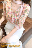 Floral Print Chiffon Blouse Women Korean Elegant Bow Tie Scarf Collar Sweet Shirts Loose Casual Short Sleeve Tops
