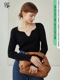 Women Knitted Sweater Long Sleeves Autumn Tops Gentle Retro Pullovers Irregular Neckline Solid Color Women