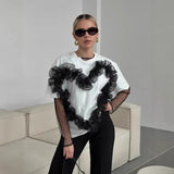 Fongt Eogen Yarn Folded Spliced T-Shirt Women Fashion In Wind Collar Loose Cotton Top