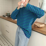 Spring And Autumn Wear Korean Version Of Striped T-Shirt Women's Long Sleeves Loose Leisure Lazy Wind Pure Cotton Student Shirt Trend-Outfit