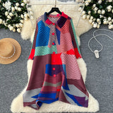 Fongt Folded Dress Women's Autumn 2025 Retro Collar Long Sleeves Loose A-Word Printing Skirt