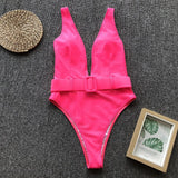 Solid Red One Piece Swimsuit Women Push Up Lace Up Bandage Bodysuit Brazilian Deep V Neck Backless Bathing Suit