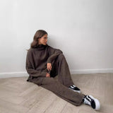 Fongt High-Neck Open Fork Wool Sweater Set Women's Loose Casual Lazy Knitting Trousers Two-Piece