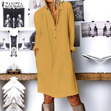 Fashion Autumn Long Shirt Dress Women Lapel Neck Long Sleeve Buttons Vestido Casual Loose Cotton Linen