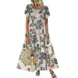 Fongt Explosion Women's Vintage Flower Printed Short Sleeve Round Dress