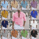 Fongt New Men's Summer Cotton-Blind Beach Shirt Long Sleeves Solid Hawaiian Holiday