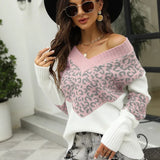 Fongt 2025 New Colored Knitted Shirt Women's Autumn Winter Leopard Tard New V-Necked Sweater
