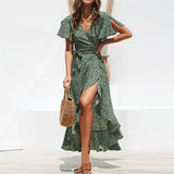 Fongt 2024 Hot Sexy V Collar Irregular High Waist With Chiffon Print Dress Spot-Outfit