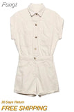 V Neck Button Up Casual Denim Rompers Overalls Women Blue Rompers Playsuits Short Sleeve Spring Summer Outfit