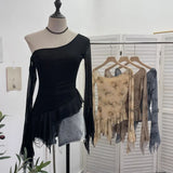 Fongt Tie-Dye-Print Oblique Shoulder Dress Repair Irregular Lotus Horn Long-Sleeved Mesh T-Shirt 9955