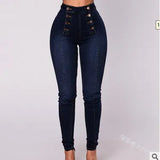 Fongt High-Waisted Casual Jeans Trousers Double Row Multi-Button Repair Elastic Small Foot Women's Pants
