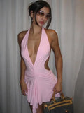 Bandage Lace Up Backless Pleated Mini Dress Women Sleeveless Deep V Solid Pink Robe 2023 Summer Harajuku Lolita Y2K