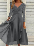 Fongt And Winter Long-Sleeved Chiffon Dress Splicing V-Neck Lace Hollow-Out Bridesmaid Evening
