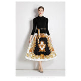 Fongt Suit Women's Collar Slim Thin Knitting Top Two Sets Of High-Waist Baroque Prints Half-Dress