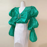 Solid Patchwork Bowknot Shirt For Women V Neck Lantern Sleeve Loose Blouses Female Fashion Spring Clothing 2022
