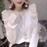 Women's Clothing Off Shoulder Shirt Spring Autumn Fashion Lace Spliced All-match Long Sleeve Korean O-Neck Solid Color Blouse-Outfit