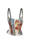 Slim Spaghetti Strap Camisole Graphic Print Tank Top Y2K Female Vintage Fashion Off Shoulder Vest Women's Crop Top