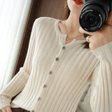 Fongt Long Sleeve Spring And Autumn New Round Collar Cardigan Women's Jacket Slim Soft Waxy Bottom Coat Thin Sweater-Outfit
