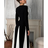 Fongt Sexy Women's New Sexy Black And White Splicing Long-Sleeved Dress