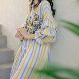 Summer Floral Embroidery Dresses Contrasting Colors Striped Female Single-breasted Ruffles Spliced Straight Midi Dress-Outfit