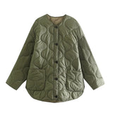 Women Fashion Patch Pockets Oversized Padded Jacket Coat Vintage Long Sleeve Button-up Female Outerwear Chic
