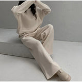 Fongt New Hot Pure Color Knitted Jacket High-Collar Sweater Set Loose Top + Pants Women