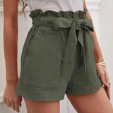 Fongt 2025 Summer Women's Loose Flax Leisure Shorts Pocket Solid Colored High-Rise Broad Legs