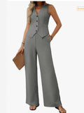 Fongt Women's Summer Two Sets Of Buttons And Two Sets Of Short Vests And Wide-Legged Pants