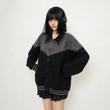Fongt And Winter Wearing Black Ash Splicing Colliding College Style Cardigan Sweater Over The Couple Niche Oversize Knitwear Shirt