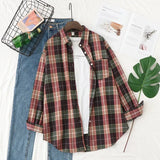 New Women Vintage Oversize Flannel Plaid Shirt With Pockets Full Sleeve Turn Down Collar Blouse Casual Basic Tops