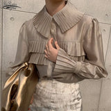 Spring New Stylish Transparent Pleated White Shirts Women Turn-down Collar Single-breasted Loose Female Blouse Tops