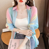 Summer Women Sunscreen Clothes Rainbow Shirt Thin Loose Lady Chiffon Blouses Long-sleeve Elegant Top Beach Shirts