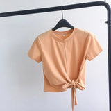 Fongt Solid Color T-Shirt Female 2024 Summer Wear Korean Version Of The Strap Careful Machine Exposed Umbilical Students Short Sleeve Shirt Repair