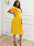 Fongt Multi-Color Lotus Leaf Sleeve Pressure Skirt Dress 100 Folds Short Sleeve Dress Elegant Dress