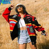Red Bomber Jacket Women Long Sleeve racing Jackets Vintage Printed zipper Women's Jacket Spring 2022 Polyester women