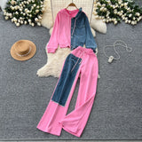 Fongt Kong Flavor Casual Suit Female Fashion Design Stitching Fake Two Hooded Jacket High-Waisted Cowboy Splicing Wide Leg Pants