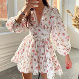 Fongt Women's Temperament Sweet Broken Flower High Waist Repair V Collar Short Long Sleeve Dress