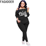 Off Shoulder Button Design Two Piece Sets Women PINK Letter Print Top+Stacked Pants Tracksuits Spring Casual Outfit