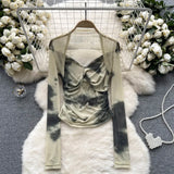 Fongt Girls Tie-Dye Mesh Jersey Long-Sleeved T-Shirt Girl Thin Perspective Temperament Fashion Folding Top