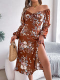 Fongt Spring And Summer Sexy Tie Knotted Flowers Long Sleeve Open Fork Dress Women