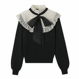 Contrast Color Organza Splicing Knitting Sweater Femme Long Sleeve Pullover Casual Lady Loose Tops