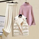 Warm 3 Piece Sets Womens Outfits Office Ladies Turtleneck Knitted Sweater+woolen Parkas Vest+wide Leg Knitting Pants