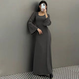 Fongt Women's New Autumn New Fashion Loose U-Neck Back With Long-Sleeved Dress-Outfit